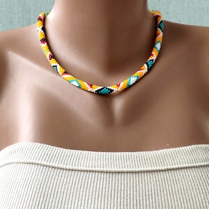 Native inspired necklace American style jewelry Ethnic crochet bead necklace Thin rope necklace  Native traditional colors