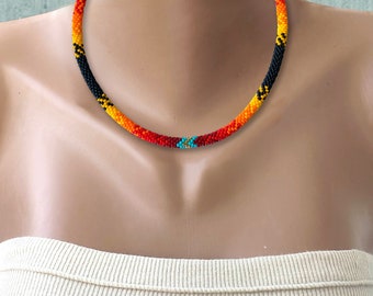 Native inspired beaded necklace Ethnic necklace American traditional colors Bright thin rope necklace India style jewelry