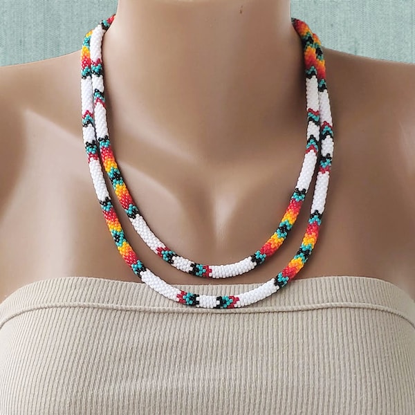 Native style layered necklace Indian jewelry Crochet bead necklace Thin rope necklace Native American traditional colors