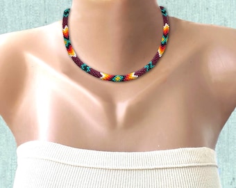 Native Inspired Beadwork Necklace | Seed Bead Crochet Rope | Ethnic Boho Choker | Artisan Jewelry