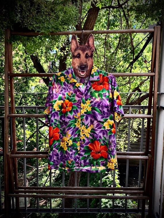 Aloha Shirt ~|~ 1940s ~|~ Purple Leaf with Orange