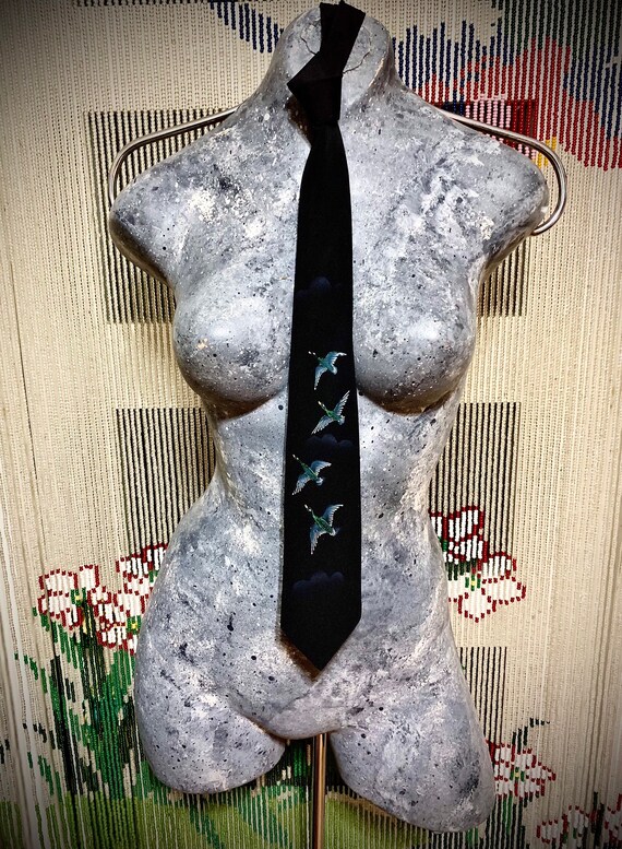 Neck Tie ~|~ 1950s ~|~ Black Tie Hand Painted Silk