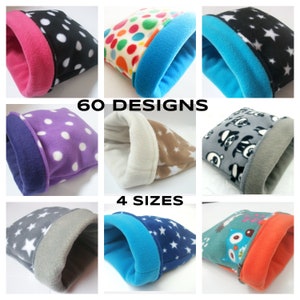 May include: A selection of fleece pet beds in diverse patterns, such as polka dots, stars, and panda prints. Each bed features a contrasting trim. The image includes the text "60 DESIGNS" and "4 SIZES".