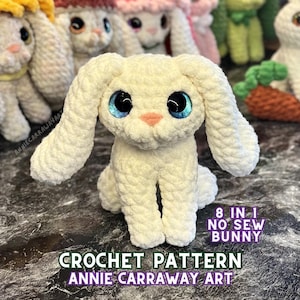 Virkmönster utan sömnad | Vårkaninplysch | 8-i-1-mönsterpaket | Annie Carraway Art | PDF-mönster