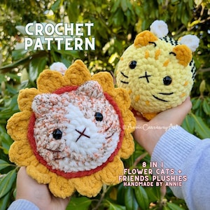 May include: Crochet pattern for 8 flower cat plushies. The pattern includes a yellow and brown cat with a flower design and a yellow and black bee cat. The pattern is handmade by Annie.