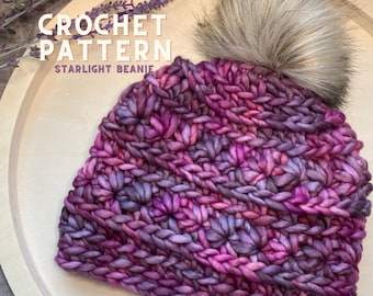 Patron au crochet | Bonnet Starlight, bonnet en laine épaisse, motif au crochet pour débutant, bonnet facile au crochet, bonnet d'hiver au crochet, bonnet avec pompon