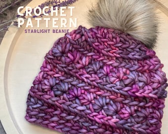 Häkelmuster | Starlight Beanie, Beanie aus grobem Garn, Häkelanleitung für Anfänger, einfache Häkelmütze, Winterhäkelmütze, Mütze mit Bommel