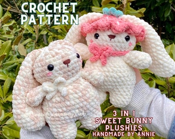 Patron au crochet 3 en 1 | Peluches lapin doux, lapin au crochet Amigurumi, motif peluche au crochet, lot de motifs peluche au crochet, joli crochet