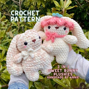 Patron au crochet 3 en 1 | Peluches lapin doux, lapin au crochet Amigurumi, motif peluche au crochet, lot de motifs peluche au crochet, joli crochet