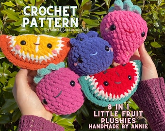 Patron au crochet 8 en 1 | Peluches Little Fruit Friends, Fruit Amigurumi, Modèle de peluche au crochet, Lot de motifs de peluche au crochet, Crochet mignon