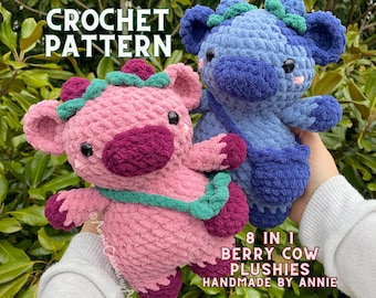 8 in 1 Crochet Pattern | Berry Cows, Amigurumi Crochet Cow, Crochet Plushie Pattern, Crochet Plushie Pattern Bundle, Cute Crochet Cow,