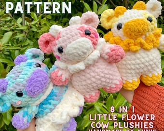Cow Crochet Pattern | Little Flower Cow Plushies | 8 in 1 Pattern Bundle | Annie Carraway Art | PDF Pattern