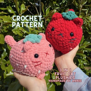 3 in 1 Crochet Pattern Fruit Cat Plushies, Amigurumi Crochet Cat, Crochet Plushie Pattern, Crochet Plushie Pattern Bundle,Cute Crochet image 1