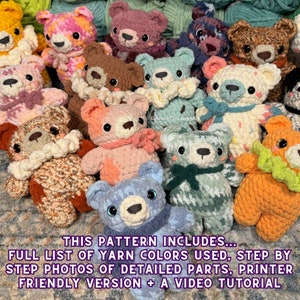 May include: A collection of crocheted teddy bears in various colours, including pink, blue, green, brown, and orange. The bears are arranged in a circle, with their heads facing the centre. The image includes the text "THIS PATTERN INCLUDES... FULL LIST OF YARN COLOURS USED, STEP BY STEP PHOTOS OF DETAILED PARTS, PRINTER FRIENDLY VERSION + A VIDEO TUTORIAL".