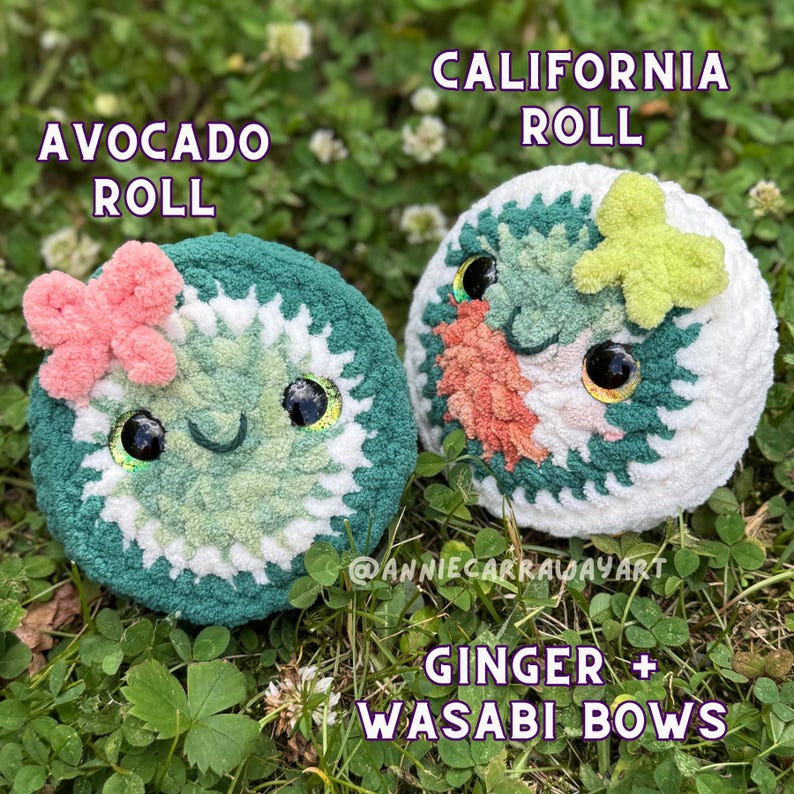 May include: Two plush sushi rolls: an avocado roll with a pink bow and a California roll with a green wasabi bow. Both have smiling faces and large, glittery eyes. Text reads "Avocado Roll", "California Roll", and "Ginger + Wasabi Bows".