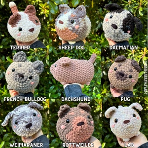 May include: A collection of nine crocheted dog plushies, each with unique color patterns and features. Breeds include Terrier, Sheep Dog, Dalmatian, French Bulldog, Dachshund, Pug, Weimaraner, Rottweiler, and Lab. Each plushie has a distinct facial expression and is labeled with its breed.