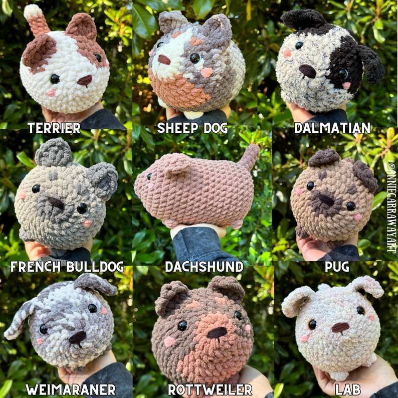 May include: A collection of nine crocheted dog plushies, each with unique color patterns and features. Breeds include Terrier, Sheep Dog, Dalmatian, French Bulldog, Dachshund, Pug, Weimaraner, Rottweiler, and Lab. Each plushie has a distinct facial expression and is labeled with its breed.
