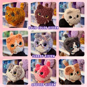 May include: A collection of handmade crochet cat plushies in various colors and patterns. The image includes solid color, tuxedo, and spotted kitten designs. Each plush has embroidered facial features and is held against a backdrop of yarn.
