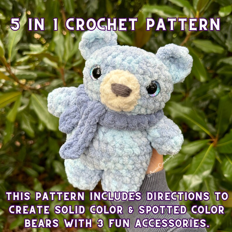 May include: A crochet pattern for making a blue teddy bear with a scarf. The pattern includes instructions for creating both solid colour and spotted colour bears, as well as three fun accessories.