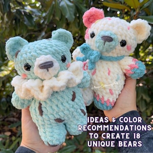 May include: Two crocheted teddy bears, one in light blue with white accents and the other in white with pink and blue accents. The text "IDEAS & COLOR RECOMMENDATIONS TO CREATE 18 UNIQUE BEARS" is at the bottom of the image.