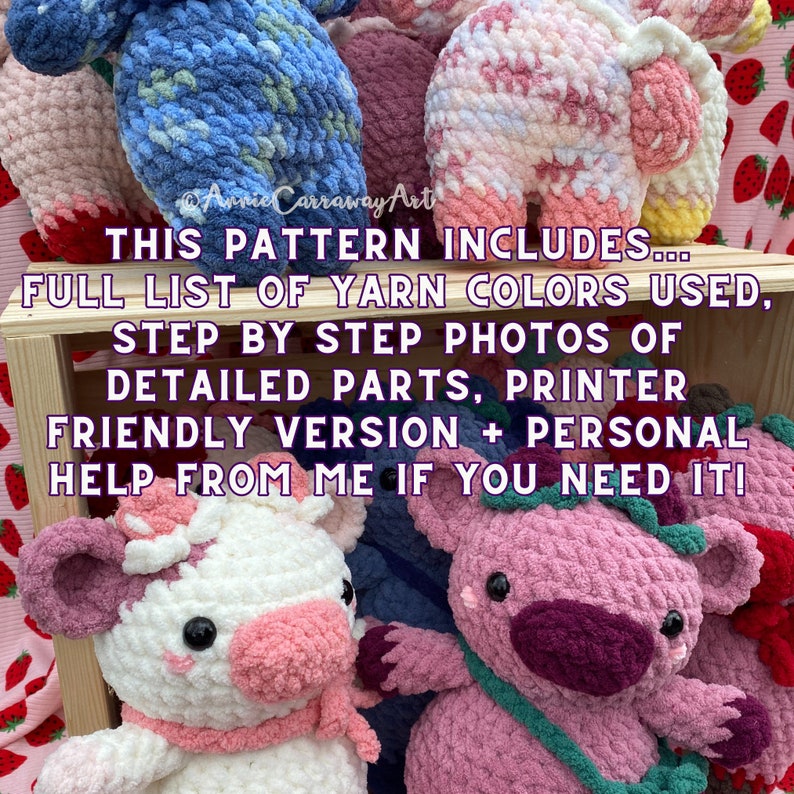 Puede incluir: Una colecci&oacute;n de animales de peluche tejidos a crochet en una caja de madera. Los animales est&aacute;n hechos con hilo de colores y tienen diferentes dise&ntilde;os. El texto en la caja dice "Este patr&oacute;n incluye... Lista completa de colores de hilo utilizados, fotos paso a paso de las partes detalladas, versi&oacute;n para impresora + ayuda personal de mi parte si la necesitas!"