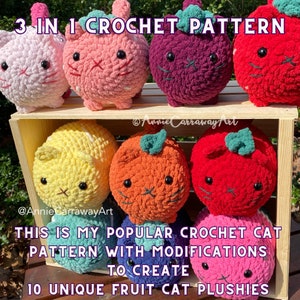 3 in 1 Crochet Pattern Fruit Cat Plushies, Amigurumi Crochet Cat, Crochet Plushie Pattern, Crochet Plushie Pattern Bundle,Cute Crochet image 2