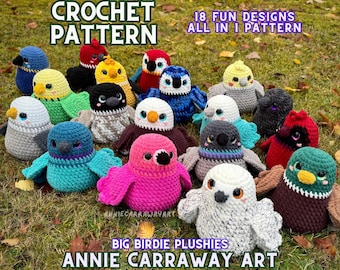 Bird Crochet Pattern | Big Birdie Plushies | 18 in 1 Pattern Bundle | Low Sew Plushie | Annie Carraway Art | PDF Pattern