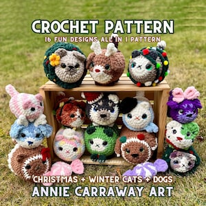 Puede incluir: Una colección de diseños de gatos y perros de ganchillo, incluyendo un perro con cuernos y un gato con un lazo. El texto "CROCHET PATTERN" y "16 FUN DESIGNS ALL IN 1 PATTERN" se muestran. El texto inferior dice "CHRISTMAS + WINTER CATS + DOGS" y "ANNIE CARRAWAY ART".