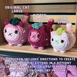 May include: Three crocheted cat toys in varying sizes and colors. The largest is pink and white, the medium is burgundy and pink, and the smallest is light pink. Each has a green leaf-like detail on its head and embroidered facial features. Text on the image reads "ORIGINAL CAT LARGE", "KITTEN MEDIUM", and "MINI SMALL".