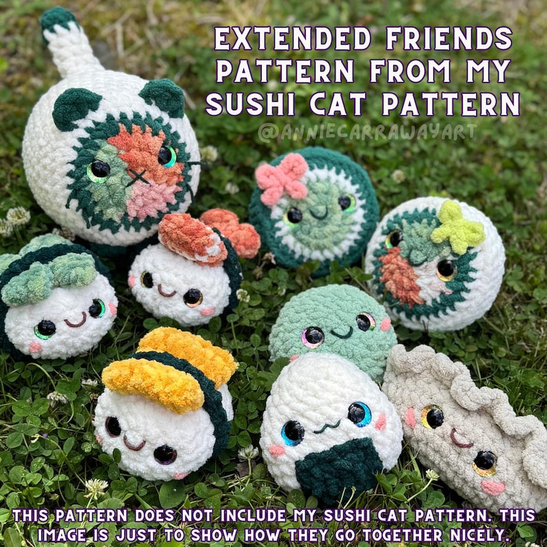 May include: A collection of handmade crochet sushi and a cat, with the text "EXTENDED FRIENDS PATTERN FROM MY SUSHI CAT PATTERN". The sushi pieces are white, green, orange, and yellow, with smiling faces. The cat is white with green and orange accents.