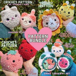 Könnte beinhalten: Ein Häkelmuster-Paket mit verschiedenen niedlichen Katzenmotiven, darunter Kätzchen, Blumen, Sushi und Früchte. Das Paket enthält 8 in 1 Kätzchen & Minis, 3 in 1 Fruchtkatzen-Plüschtiere, 8 in 1 Blumenkatzen + Freunde-Plüschtiere und 12 in 1 Sushikatzen + Freunde. Die Muster sind handgefertigt von Annie Carraway Art.