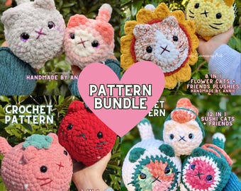 May include: A crochet pattern bundle featuring various cute cat designs, including kittens, flowers, sushi, and fruit. The bundle includes 8 in 1 kittens & minis, 3 in 1 fruit cat plushies, 8 in 1 flower cats + friends plushies, and 12 in 1 sushi cats + friends. The patterns are handmade by Annie Carraway Art.