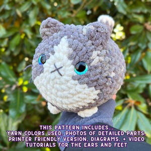 May include: A crocheted grey and white cat plush toy with blue eyes. The pattern includes yarn colours used, photos of detailed parts, a printer friendly version, diagrams, and video tutorials for the ears and feet.