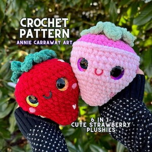 May include: Crochet pattern for 6 cute strawberry plushies. The pattern includes instructions for making both red and pink strawberries with embroidered faces and googly eyes.