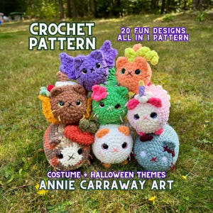 May include: A group of crochet cat plushies in costume and Halloween themes. The plushies are in shades of purple, orange, green, pink, brown, white, and blue. The image includes text that says "CROCHET PATTERN" and "20 FUN DESIGNS ALL IN 1 PATTERN".