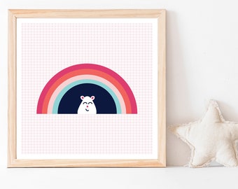 Animal Critter Rainbow Print on Pink - Printable Wall Art, Nursery Decor, Kids Square Art Print, Nursery Digital Download, Playroom Art