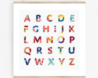 Alphabet Modern Floral Kid's Print - Printable Wall Art, Nursery Decor, Kid's Art, Multi-Color, Square Art Print, Digital Download, Letters