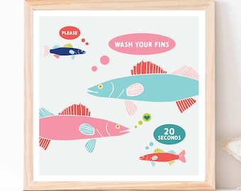 Wash Your Fins - Printable Wall Art, Wash Hands Art, Square Art Print, Bathroom Decor, School Wash Hands Art, Digital Download, Fish Print
