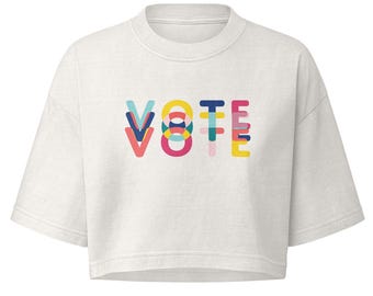 Vote Cropped T Shirt Women | Garment Dyed Boxy Crop Top | Retro Colorful Vote Shirt | Election Voting Tee | Vintage White Vote Shirt