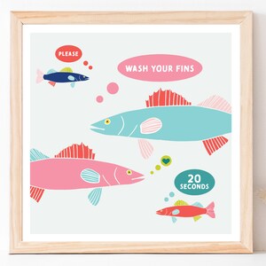 Wash Your Fins Printable Wall Art, Wash Hands Art, Square Art Print, Bathroom Decor, School Wash Hands Art, Digital Download, Fish Print image 5