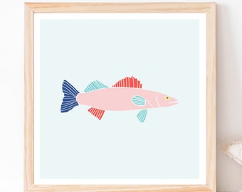Walleye Fish Print (Aqua) - Printable Wall Art, Kid Room Decor, Kids Square Art Print, Cabin Decor, Lake and Water Digital Download