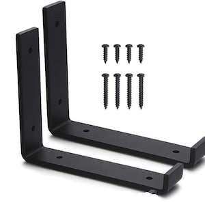 May include: Two black metal shelf brackets with a 90-degree angle. The brackets are 10 inches long and 6 inches wide. The brackets come with eight black screws.
