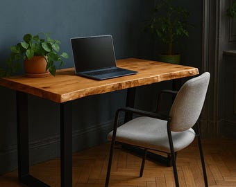 Escritorio único de roble con borde natural | diseño rústico | 100-140 cm de largo | patas de horquilla | caminos de mesa