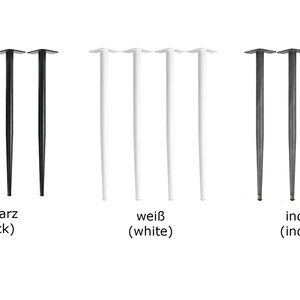 Puede incluir: Tres juegos de cuatro patas de mesa de metal en negro, blanco y gris industrial. Las patas son c&oacute;nicas y tienen una parte superior plana.