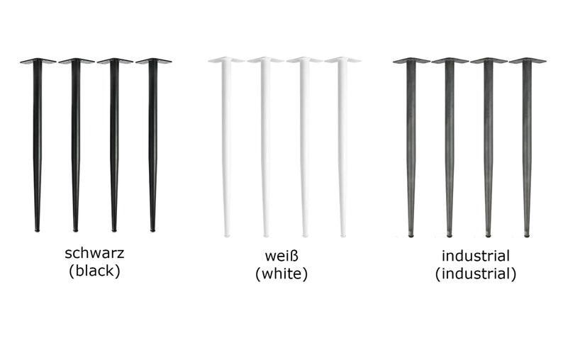 Puede incluir: Tres juegos de cuatro patas de mesa de metal en negro, blanco y gris industrial. Las patas son c&oacute;nicas y tienen una parte superior plana.