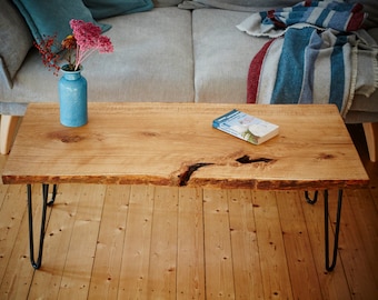Unique oak coffee table with tree edge | Unique sideboard | Hairpin legs | Oak table | Rustic design, handmade tree trunk table
