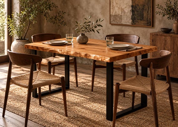 Esstisch Eiche mit Baumkante | ab 100cm-140 cm Länge | Küchentisch Eiche | Tischkufen Bartisch | rustikales modernes Design | Baumstammtisch