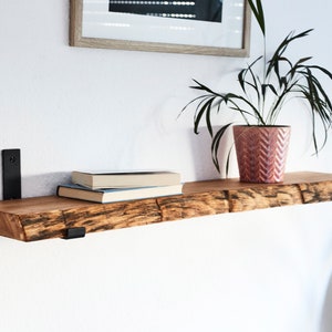 Unique wall shelf made of oak wood with tree edge and bracket / bookcase / wall shelf / Living Oak