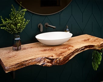 Waschtischplatte Roseneiche aus einem Stück Baumkante rustikal Tischplatte Massivholzplatte Waschtisch Couchtischplatte Naturkante Baumstamm