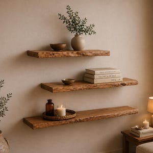 Pode incluir: Três prateleiras flutuantes de madeira rústica montadas em uma parede neutra. As prateleiras exibem itens decorativos como um vaso com vegetação, livros, tigelas pequenas, uma vela e uma bandeja decorativa. Uma lâmpada e uma planta em vaso também são visíveis.